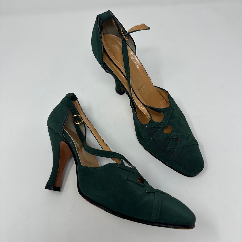 Roberto Spinelli Roma Forest Green Fabric Strappy Cutout Heels Italian Designer